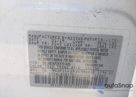 2019 Nissan Sentra S z USA, uszkodzony, nr VIN 3N1AB7AP2KY291485